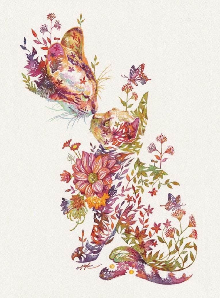Hiroki Takeda artista ilustra animais com arranjos de flores em aquarela 1