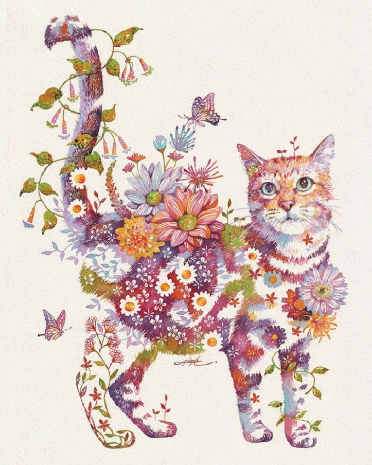 Hiroki Takeda artista ilustra animais com arranjos de flores em aquarela 18