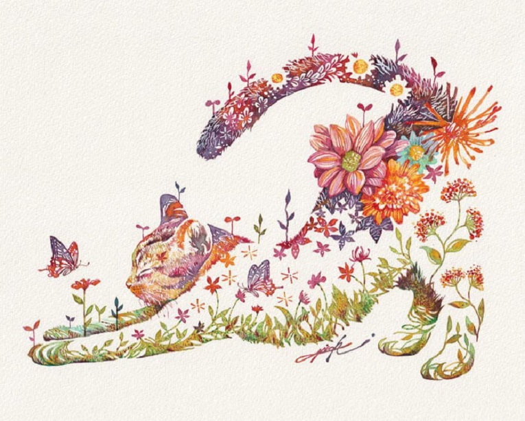 Hiroki Takeda artista ilustra animais com arranjos de flores em aquarela 3