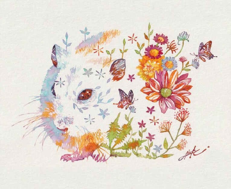 Hiroki Takeda artista ilustra animais com arranjos de flores em aquarela 9