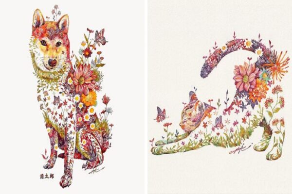Hiroki Takeda artista ilustra animais com arranjos de flores em aquarela CAPA