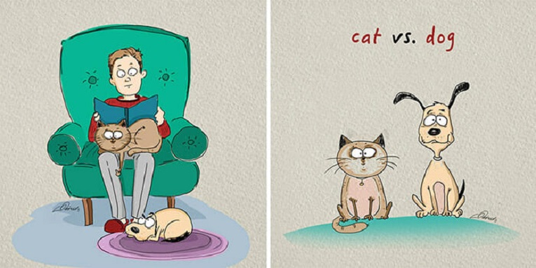 Bird Born artista cria ilustracoes de gatos vs cachorros 1
