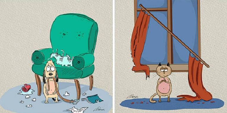 Bird Born artista cria ilustracoes de gatos vs cachorros 5
